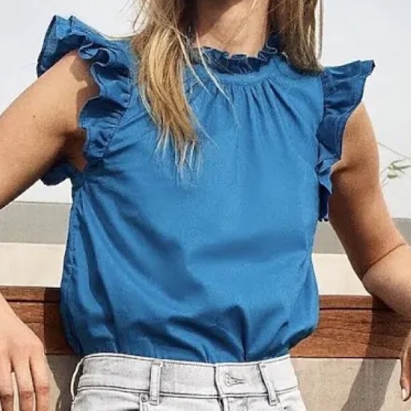Express Tops - Express vibrant Blue Ruffle Sleeve and neck Blouse S NWT